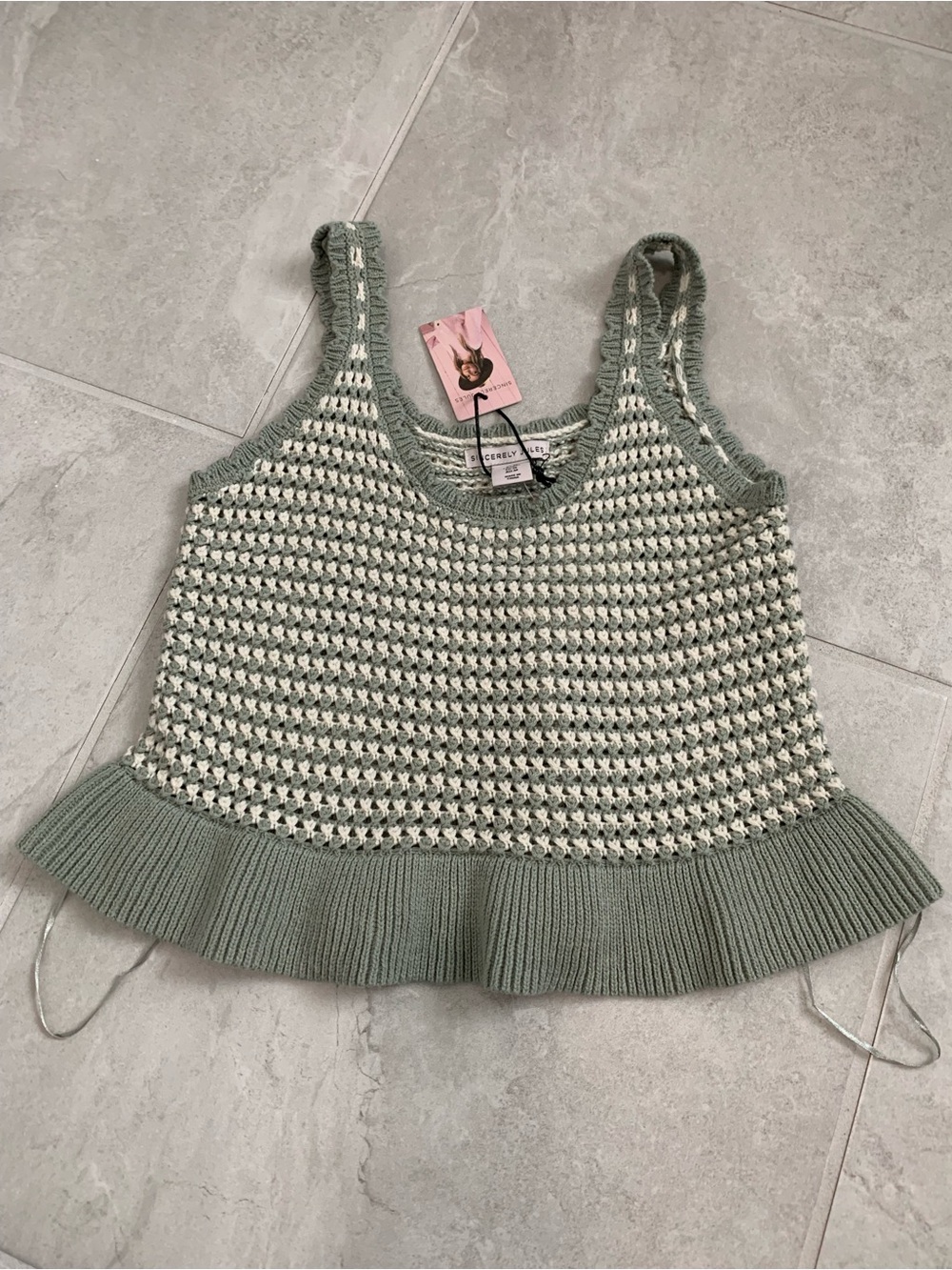 Sincerely Jules Green and White Crochet Ruffle-Hem Tank